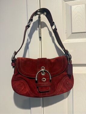 Coach Suede Shoulder Bag in Deep Red with silver hardware rare htf